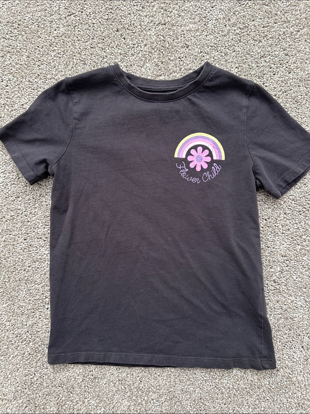 Cotton On Black Tee with Pink Flower & Pastel Rainbow Graphic